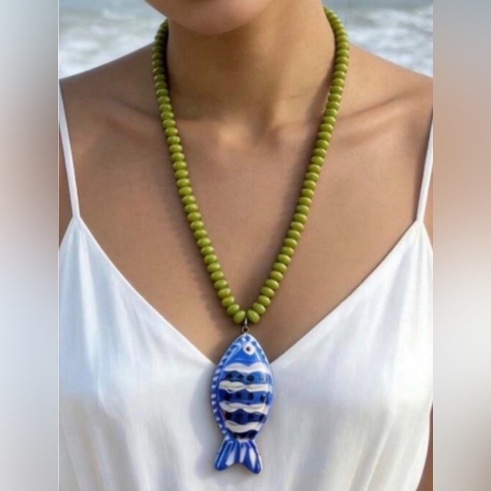 Anthropologie Olive Green Beaded Necklace with Blue Ceramic Pendant